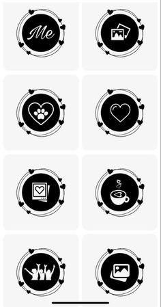 six black and white buttons with different symbols