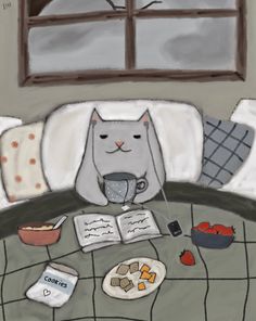 a drawing of a cat sitting at a table with food