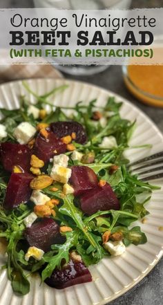 beet salad with feta and pistachios on a plate