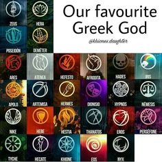 some logos that are all different colors and sizes, with the words our favorite greek god