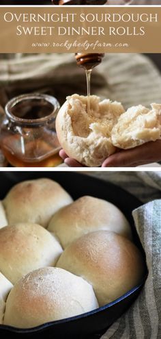 bread rolls being drizzled with syrup in a cast iron skillet and then topped with butter