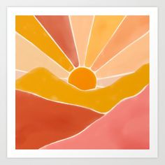 the sun is setting over mountains and hills in this abstract painting art print by artist mark smith