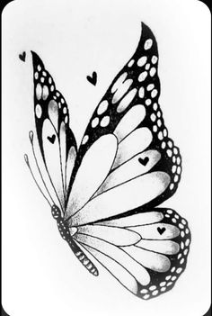 a black and white drawing of a butterfly with hearts on it's back wing