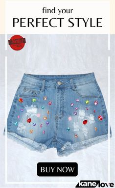 Women's Colorful Crystals Straight Leg Ripped Short Jeans Multicolor Short Bottoms For Party, High Rise Bottoms With Zipper Closure For Summer, Casual Party Bottoms With Zipper Closure, Spring Bottoms With Zipper Closure, Short, Spring Bottoms With Zipper Closure, Short Length, Trendy Summer Jean Shorts With Zipper Closure, Spring Party Jeans In Short Length, Summer Party Denim Pants, Spring Party Jeans Shorts