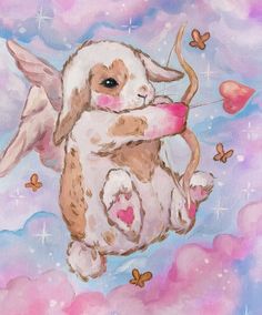 a painting of a bunny holding a bow in the air with butterflies flying around it