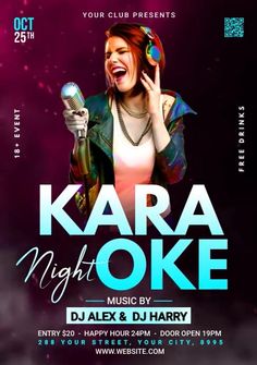 karaoke night party flyer template with woman singing into a microphone and wearing headphones