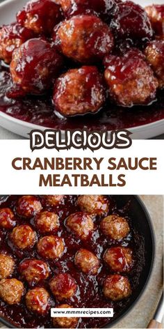 cranberry sauce meatballs in a skillet with the words delicious cranberry sauce meatballs