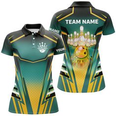 a women's bowling jersey with the name team name on it and an image of a bowling ball