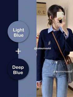 Blue Combinations Outfit, Jeans Combinations Women, Color Matching Clothes Women Outfit, Colour Combination For Clothes, Blue Jeans Work Outfit, Blue Outfit Combination, Mix And Match Colors Outfits, Colour Combinations Clothes, Outfit Color Combinations