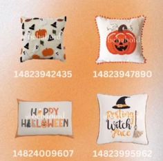 four different pillows with pumpkins and witches on them, all in the same pattern