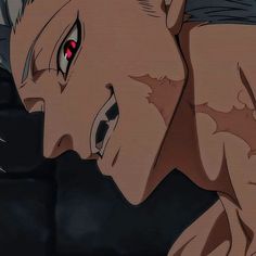 an anime character with red eyes looking down at the ground and his arm around him