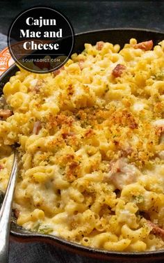 a skillet filled with macaroni and cheese