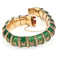 Be amazed by this vintage 1930's green Enamel 18K Yellow Gold flexible snake Bracelet. The green Paillonne enamel shine with every movement.Elegant Hand-carved engraving of the gold detailing enhances this bracelet’s eye-catching effect. For security, this 79.2-gram bracelet has two two safety clasp for securing.Measurements: 17 mm width X 7.0 InchesWeight: 98.2 GramsClasp: Insert ClaspCondition: ExcellentAccompanied by an official appraisal document. Luxury Vintage Green Cuff Bracelet, Art Deco Green Bracelets For Formal Occasions, Art Deco Green Bracelet For Formal Occasions, Green Art Deco Bracelets For Formal Occasions, Luxury Engraved Green Jewelry, Luxury Green Engraved Jewelry, Vintage Green Jubilee Bracelet, Green Art Deco Bracelet, Elegant Green Engraved Bracelets