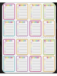 the printable weekly planner is shown with hearts and rainbows on it, as well as