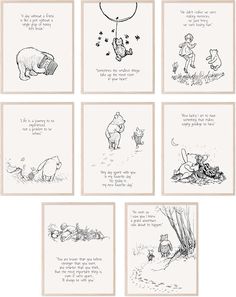 six winnie the pooh cards with some writing on them