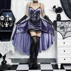 Please refer to our sizing chart for a guideline when choosing a size. 5 business days order processing time. 90% polyester 10% spandex. Drag Dresses, Purple Goth, Purple Gothic, Hot Clothes, Gothic Clothing, Gothic Dress, Velvet Lace, Lace Hem, Mode Inspo