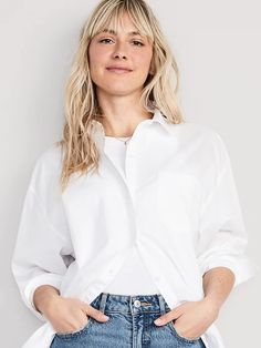 Oversized Poplin Boyfriend Shirt for Women | Old Navy White Shorts Outfit, Classic Wardrobe Pieces, Country Dresses, White Button Down Shirt, White Button Down, Boyfriend Shirt, Old Navy Women, Knit Shirt, New Arrival Dress