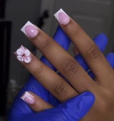 ˚୨୧⋆ @bella2angel Short Acrylic Nails Birthday Set Pink, Bday Nails Ideas Short, Colored Acrylic Nails, French Tip Acrylic Nails