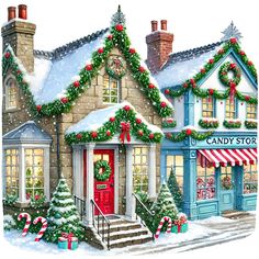 a painting of a candy store with christmas decorations on the front and side of it