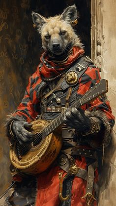 a painting of a dog dressed up as a man with a guitar in his hands