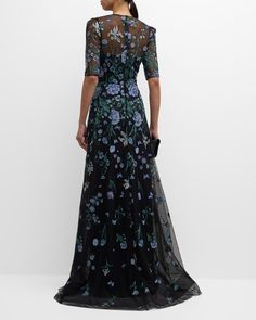 Rickie Freeman for Teri Jon Embroidered A-Line Tulle Gown | Neiman Marcus Teri Jon, Butterfly Embroidery, Embroidered Tulle, Tulle Gown, Jewel Neckline, Elbow Sleeve, Luxury Fabrics, Neiman Marcus, Evening Dresses