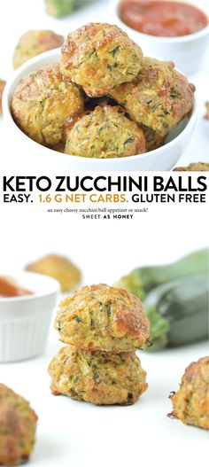 broccoli and zucchini balls stacked on top of each other with sauces in the background