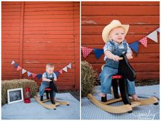 a little boy sitting on top of a wooden rocking horse in front of a red barn