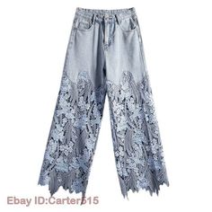 Women Hollow Lace Patchwork Wide Leg High Waist Blue Jeans Summer Fashion Pants   Colors:Blue Size:S-3XL Material:Denim    Note As different computers display colors differently, the color of the actual item may vary slightly from the above images.We can not guarantee 100% the customers can fit because of the individual size.We appreciate your understanding Dear customer, welcome to my store, if you have any questions during the shopping process, please feel free to contact us, we will reply wit Cool Pants, Denim Decor, Pants Loose, Lace Splicing, Summer Jeans, Straight Trousers, Pantalon Large, Casual Trousers, Lace Panelled