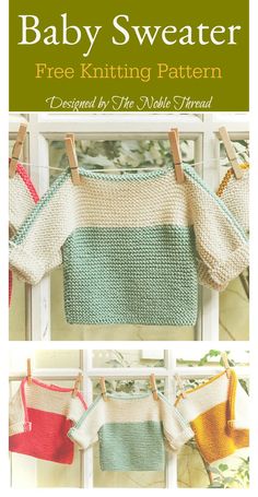 baby sweaters hanging on clothes line with text overlay that says free knitting pattern