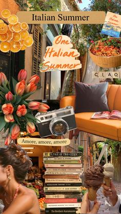 the collage shows an orange couch, flowers and books