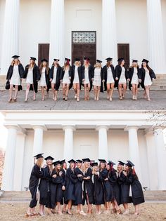 two pictures of graduates in front of a building