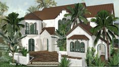 this is an artist's rendering of a white house with green shutters and palm trees