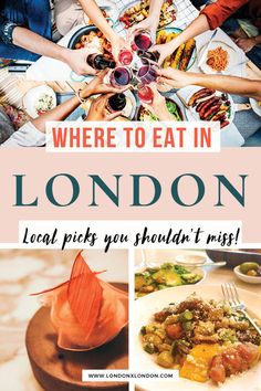 there is a poster for london with pictures of food and drinks on the table in front of it