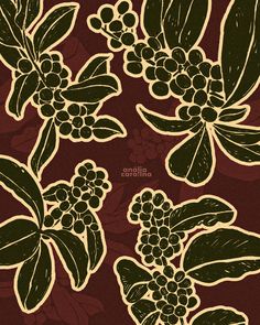 an illustration of berries and leaves on a maroon background