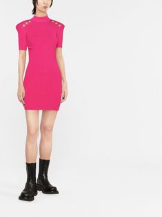 Balmain Ribbed Knit short-sleeve Dress - Farfetch Ribbed Short Sleeve Party Dresses, Short Sleeve Ribbed Party Dress, Ribbed Short Sleeve Mini Dress For Spring, Pink Knit Dress, Balmain Dress, Floral Shoes, Fringe Skirt, Ribbed Knit Dress, Round Neck Dresses