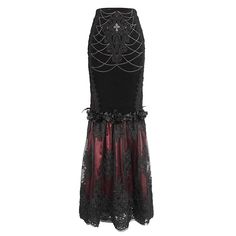 This gothic skirt is patchwork with mesh on the bottom. Floral embroidery, diamante, and chain on the front. Lace splice on the side. Roses in the middle for decoration. Slim-fit silhouette and good elastic fabric. Available in two colors. 
 
Material:?Polyester; Spandex; Cotton; ?Polyamide 
Weight: 0.76KG 
Size:?XS-3XL 
SKU:?ESKT04402 Red Punk Skirt For Parties, Red Punk Style Skirt For Party, Gothic Skirt For Halloween Festival, Gothic Halloween Festival Skirt, Gothic Mini Skirt For Night Out, Elegant Halloween Party Skirt, Gothic Skirt Bottoms For Party, Gothic Red Bottoms For Party, Gothic Evening Skirt