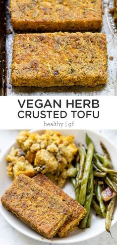 vegan herb crusted tofu on a plate with green beans