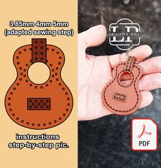 a hand holding a leather guitar keychain with instructions on how to sew it