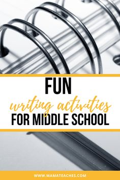 a spiral notebook with the words fun writing activities for middle school on it and an image of