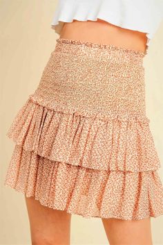 Layered ruffle detail Smocking and Elastic waistband Silken feel Imported 100% Polyester Make it a set with our Pure Sweetness Cropped Tank Aesthetic Dress Outfit, Cara Skirt, Ruffle Skirts, Woman Office, Smocked Skirt, Crop Cami Top, Stylish Fall Outfits, Office Wear Women, Tiered Ruffle Skirt