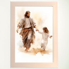 a watercolor painting of jesus walking with a child