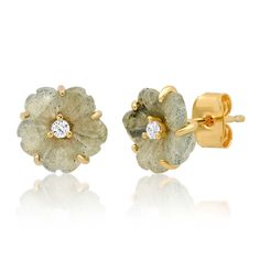 Gold plating over brass CZ accents Style No. TE-2336 Gemstone Flower Earrings For Anniversary, Flower Shaped Gemstone Earrings As Gift, Flower-shaped Pierced Earrings For Anniversary, Flower Earrings For Anniversary, Tai Jewelry, Ruby Jane, Beautiful Stud Earrings, Floral Studs, Labradorite Earrings