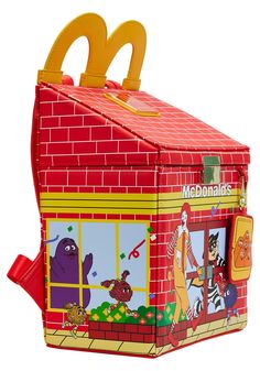 Find your happy place with our Loungefly McDonald’s® Happy Meal™ Mini Backpack. This figural backpack, shaped like a McDonald’s Happy Meal box, is filled with fun details. The red brick vegan leather façade features a window view into the festivities and characters inside. You’ll find Ronald McDonald™ passing by, with Hamburlgar™ looking through the window on the front. Side views include Grimace™ waving from inside, and the McDonald’s logo appears in the window on the other side. On the back, B Fun Red Bags For Back To School, Fun Red Backpack Bag, Novelty Red Travel Bag, Playful Red Backpack For Everyday Use, Playful Red Bag For Back To School, Playful Red Standard Backpack, Happy Meal Box, Funky Purses, Find Your Happy Place