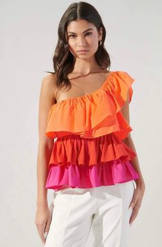 Poplin one shoulder blouse with ruffled layers in colorblock pattern- red, orange and pink! Perfect for cinco de mayo and summertime! Off Shoulder Ruffle Top, Blusas Top, Colorblock Top, Asymmetrical Blouse, Flare Top, Senior Picture Outfits, Color Block Top, Dinner Date, Ruffle Top