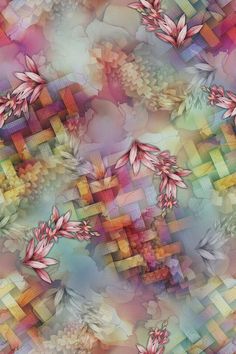 an abstract painting with pink flowers and leaves on the bottom right corner, in pastel colors