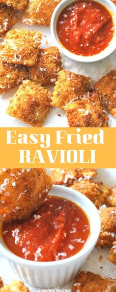 easy fried ravioli with marinara sauce and parmesan cheese on the side