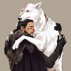 a drawing of a man hugging a white wolf with his arm around another person's shoulder