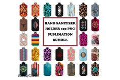 an assortment of hand sanitizer tags with the words holder 100 png sublimation bundle