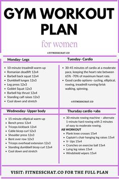 the gym workout plan for women is shown in purple and white, with text overlaying