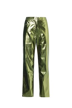 High waist vegan leather trousers in iridescent metallic finish. Crafted from lightweight soft fabric   Stretchy material.  Straight leg fit. Structured waistband with belt loops and 5 functional pockets.  Exposed button and concealed zip-fly fastening. Pair with our Johanna Khaki Bandeau Top 50% Polyester, 50% Polyurethane Hand wash Metallic Crease Care: First turn the garment inside out on a flat surface or ironing board. Set your iron to the COOLEST setting (Silk). Place a clean tea or hand towel on the garment to create a barrier and iron in swift movements. Repeat this until whole garment is pressed. Hang the garment. Do not fold. Metallic Trousers, Two Sisters, Leather Trousers, Bandeau Top, Independent Designers Fashion, Khaki Green, Trouser Jeans, Color Khaki, Bottoms Pants